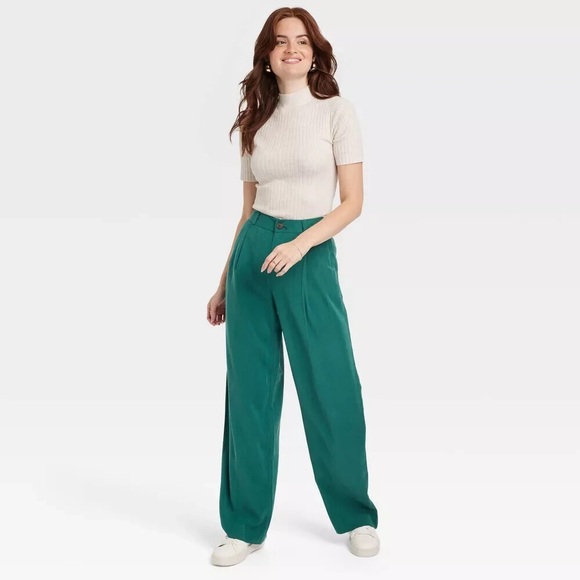 a new day Wide Leg Baggy High Waisted Pleated Emerald Green Trousers Sz 2 | NWT - Picture 3 of 10